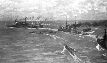' Au fort de la bataille Jutland ; Trois croiseurs de bataille britanniques, suivis de..., 1916. Creator: Charles Pears.