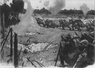 'La Bataille de la Somme; La releve sous les Obus: Une a une, les sections gagnent le boyau..., 1916 Creator: Georges Leroux.