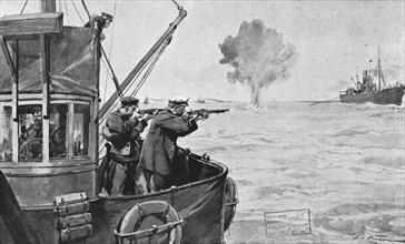 'La flotte d'avant-garde; le dragage des mines. Une mine remotee a la surface fait explosion...,1916 Creator: Frederic de Haenen.