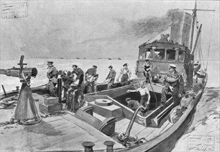 'La flotte d'avant-garde; le dragage des mines. Batiment auxiliare a la recherche des sous..., 1916. Creator: Frederic de Haenen.