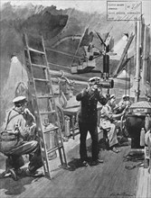 'La flotte d'avant-garde; le poste de manoeuvre d'un sous-marin britannique en plongee..., 1916. Creator: Frederic de Haenen.