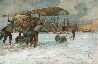 ''Combat Aerien; Retree d'Spad qui a atterri loin des hangars, a l'autre extremite..., 1918. Creator: Francois Flameng.