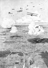 ''Combat Aerien; Un raid de jour; Escadre Francaise sur l'objectif; des usines au d'une...', 1918. Creator: Etienne Cournault.
