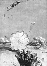 'Combat Aerien; Avion ravitaillant en munitions, au moyen de parachutes, des mitrailleurs..., 1918. Creator: Joseph Simpson.
