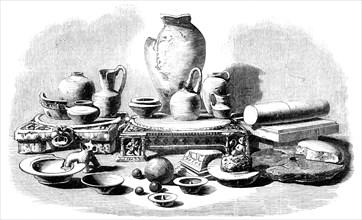 Relics from the Buried City of Brahmunabad, in Sind - Pottery, Fragments of Mills, etc, 1857. Creator: Unknown.