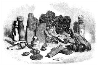 Relics from the Buried City of Brahmunabad, in Sind - Chessmen, Portion of Chess-board..., 1857. Creator: Unknown.
