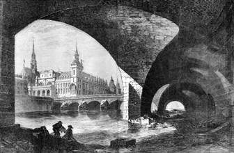 Paris Improvements: the Palais de Justice, Sainte Chapelle, and Pont au Change, 1857. Creator: D Lancelot.