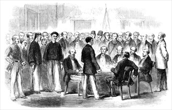 The War in China - Examination at the Police-Office, Victoria, Hong-Kong, of Esing..., 1857. Creator: Marciano Antonio Baptista.