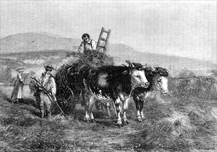 Haymaking in Switzerland - painted by H. Moore, from the Exhibition of the National..., 1857. Creator: Mason Jackson.