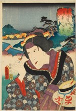 Kasagawa, between Narumi and Miya: Iwai Tojaku I as Otatsu, from the series Fifty-three..., 1852. Creator: Kunisada (Toyokuni III), Utagawa (1786-1864).