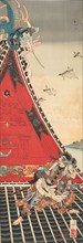 Two Brave Men (Inuzuka Shino und Inukai Gempachi) Fighting on the Roof of Horyukaku. Creator: Yoshitoshi, Tsukioka (1839-1892).