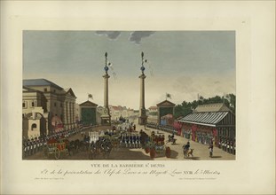 Vue de la barrière Saint-Denis, et de la présentation des clefs à Sa Majesté Louis XVIII le 3 mai... Creator: Courvoisier-Voisin, Henri (1757-1830).