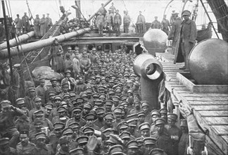 'L'appoint militaire du Portugal; A bord du premier transport portugais entre en rade de Brest',1917 Creator: Unknown.