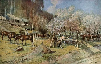'Un campement de cavalerie pres de Vailly sous les pommiers en fleurs', 1917. Creator: Francois Flameng.