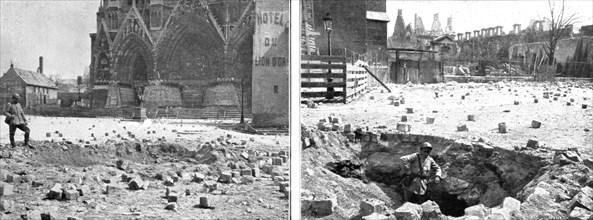 'La destruction methodique de Reims; Le sol de la place du Parvis-Notre-Dame, creve par..., 1917. Creator: Unknown.