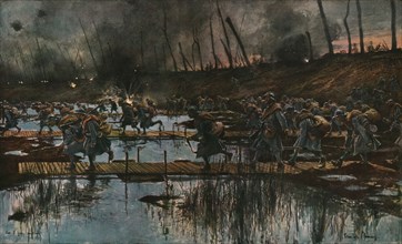 In Flanders; The Yser Offensive (1917); Cossing of the Yser canal by infantry...1917 Creator: Francois Flameng.