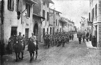 Inter-allied Support; Arrival of a French regiment into an Italian town,1917. Creator: Pelanda.