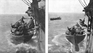At sea; Shipwreck survivors hoist themselves aboard the lifeboat', 1917. Creator: Unknown.