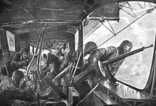 The German Air Fleet; On board a zeppelin: in the rear, under attack by Allied planes..., 1917. Creator: Unknown.
