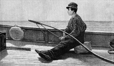 Eight Bells: the Boy at the Helm', by H. Macallum, in the exhibition at the Dudley Gallery, 1876. Creator: Unknown.