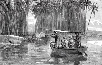 The Prince of Wales shooting otters at Beypore, from a sketch by an officer of the Serapis, 1876. Creator: L.B..