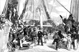 The Queen's Visit to Cherbourg - Piping Hands to Man Yards, 1858. Creator: Unknown.