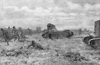 'Un charge de tanks; des tanks rapides de l'armee Britannique chargent et dispersent..., 1918. Creator: J Simont.