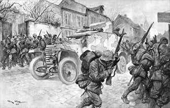'Le bolide qui passe; une auto-mitrailleuse de cavalerie francaise regagne nos lignes..., 1918. Creator: Georges Bertin Scott.