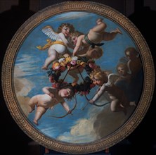 Putti with a Wreath of Flowers, c.1650. Creator: Workshop of Gerard van Honthorst.