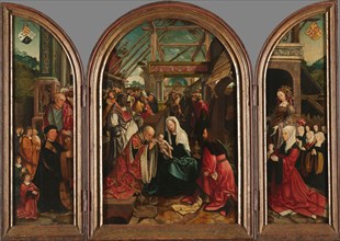 Triptych with the Adoration of the Magi (centre panel), the Donor and his Six Sons with St Jerome (i Creator: Jacob Cornelisz. van Oostsanen.