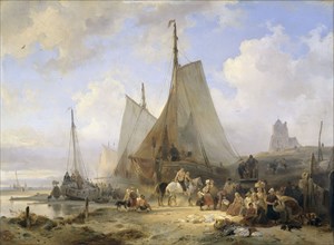 Fishing Boats on the Beach with Fishermen and Women Sorting the Catch, 1835. Creator: Wijnand Nuyen.