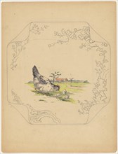 Design for model 'square' board with a hen and three chicks, c.1875-c.1880. Creator: Albert Louis Dammouse.