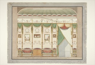 Design for a room wall with paintings, draperies and furniture, 1790-1795. Creator: Anon.