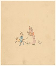 Boy, dog, woman and goose, c.1880-c.1910.  Creator: Anon.