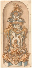 Design for a stove with Mars and two overcome, chained naked men, in a niche, c.1750. Creator: Anon.