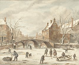 Ice fun on the corner of Spui and Nieuwezijds Voorburgwal, 1773-1838. Creators: Anthonie van den Bos, Jan van Kessel.