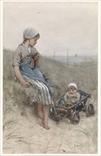 Fisher-girl with child in cart in the dunes, 1880. Creator: Bernardus Johannes Blommers.
