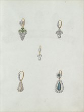 Five designs of earrings, one of which is with a grapes, c.1800-c.1810. Creator: Carl Friedrich Bärthel.