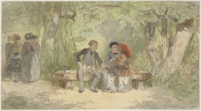 Man, wife and child on a bench in the park, 1863. Creator: Diederik Franciscus Jamin.