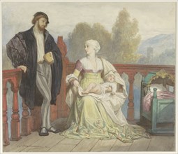 Francesca di Rimini and Paolo di polenta with child on a balcony, 1829-1888. Creator: Edouard Jean Conrad Hamman.