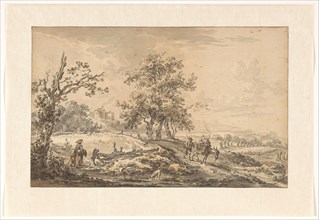 Woman with child and man with donkey in landscape, 1755-1818. Creator: Egbert van Drielst.
