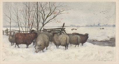 Sheep in the snow, 1878. Creator: George Poggenbeek.