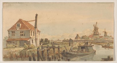 Boat on a canal, a house and two windmills, 1801-1873.  Creator: George Pieter Westenberg.