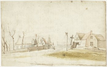 Farm houses and a blacksmith on a country road, c.1627-1650. Creator: Gerard Terborch II.