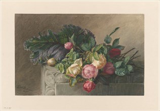 Still life with roses and cabbage leaf, 1836-1892. Creator: Gerardina Jacoba van de Sande Bakhuyzen.