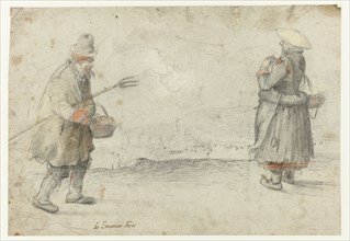 Studies of a Man and a Woman Standing on the Bank of a Frozen River, with a Town..., c.1610-c.1615. Creator: Hendrick Avercamp.