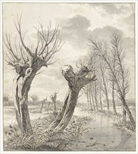 Winter landscape with pollard willows along a frozen ditch, 1766-1815. Creator: Jacob van Strij.