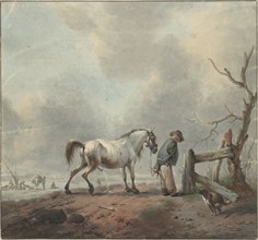 Landscape with pissing man, horse and dog, 1759. Creator: Jan Augustini.