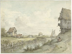 River landscape with draftsman sketching between huts, 1776-1822. Creator: Jan Hulswit.