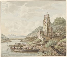 Landscape with loaded barge near a castle, 1776. Creator: Jan van Lockhorst.
